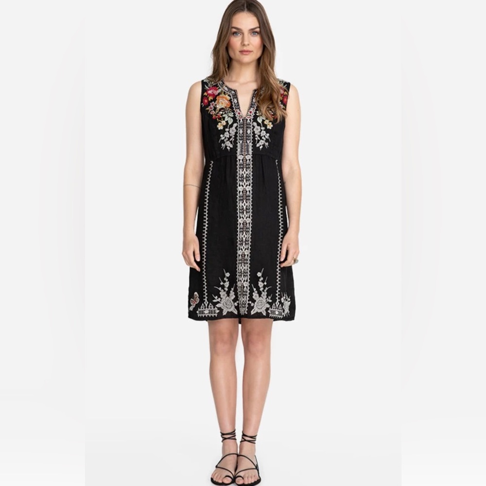 Johnny Was “Izora” black embroidered tank dress size S